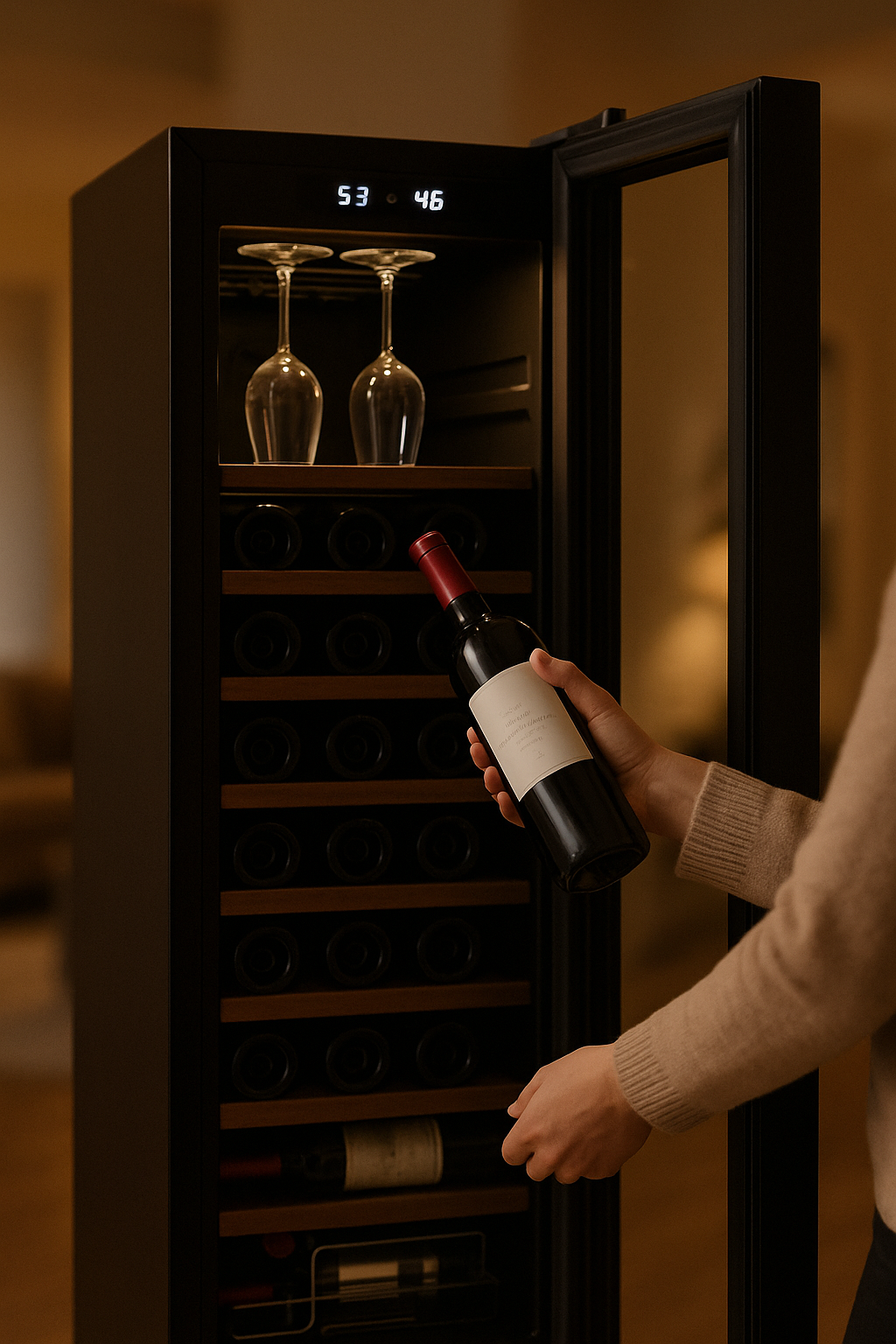 Cave à vin Enoteka 48 bouteilles – Refroidissement stable, LED douce, rangement premium